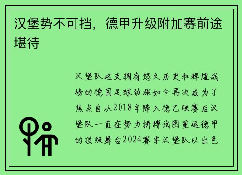 汉堡势不可挡，德甲升级附加赛前途堪待